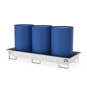 Auffangwanne aus Stahl für 3 x 200 l Fässer, ohne Gitterrost, unterfahrbar, verzinkt, 2010x800x280mm