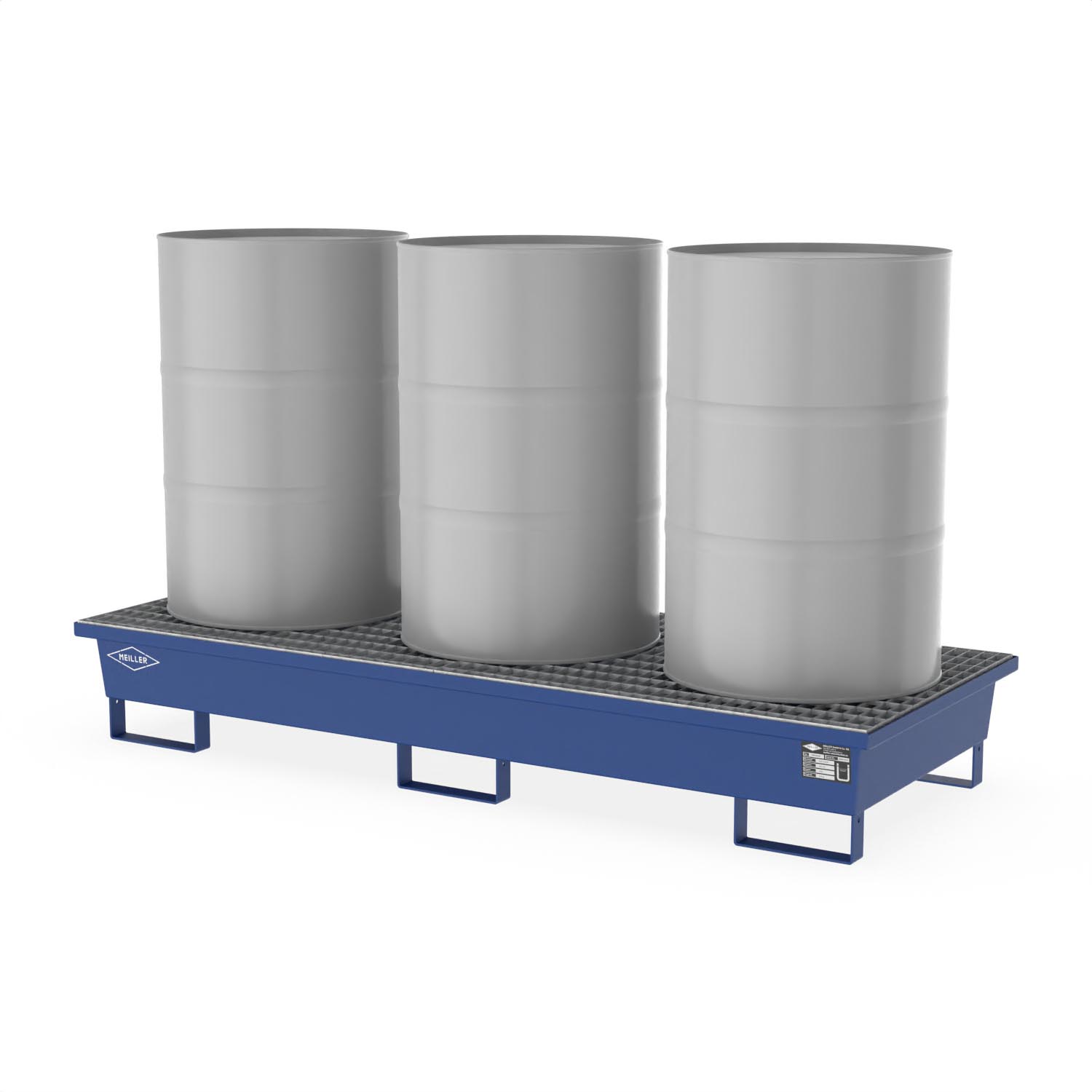 Auffangwanne aus Stahl für 3 x 200 l Fässer, mit Gitterrost, unterfahrbar, lackiert, 2010x800x280mm