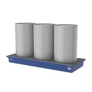Paletten-Auffangwanne aus Stahl für 3 x 200 l Fässer, mit Gitterrost, lackiert, 2010x800x180mm