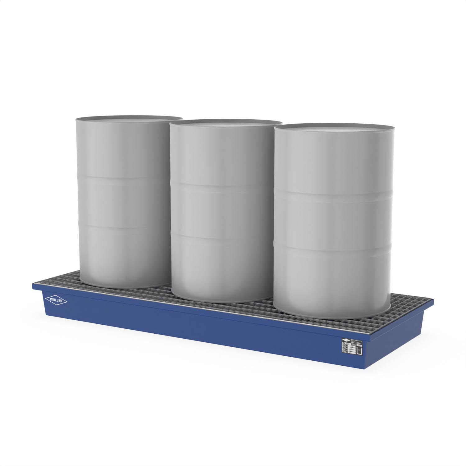 Paletten-Auffangwanne aus Stahl für 3 x 200 l Fässer, mit Gitterrost, lackiert, 2010x800x180mm