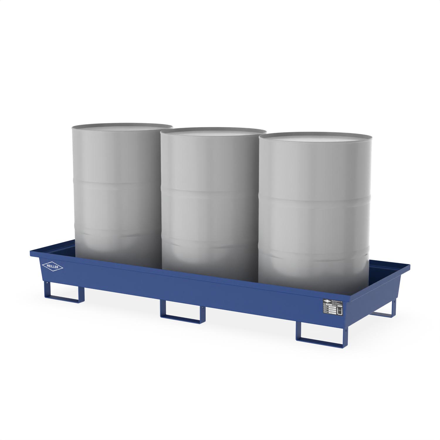 Auffangwanne aus Stahl für 3 x 200 l Fässer, ohne Gitterrost, unterfahrbar, lackiert, 2010x800x280mm