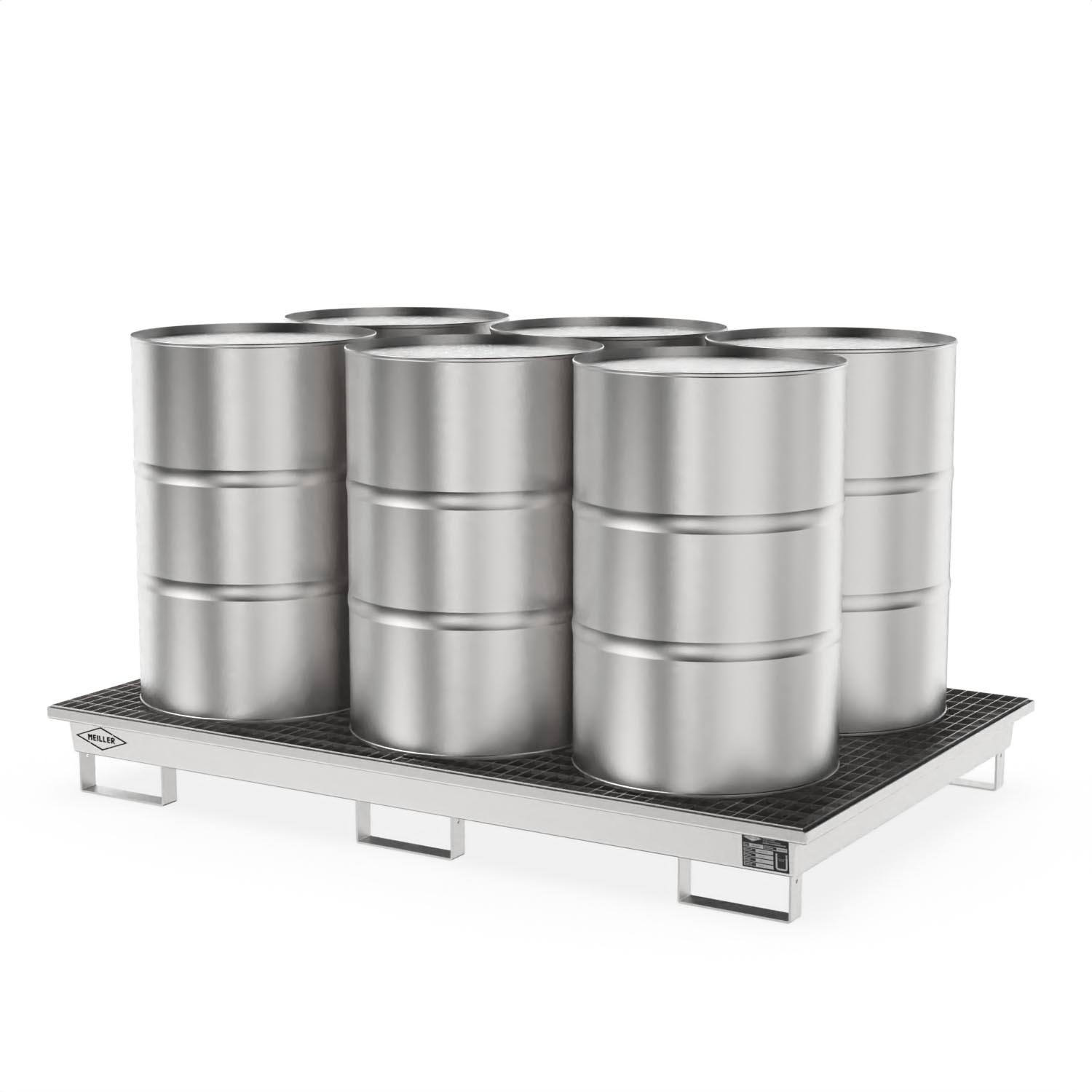 Auffangwanne aus Edelstahl für 6 x 200 l Fässer, Auffangvolumen 201 l, stapelbar, 2000x1300x200mm