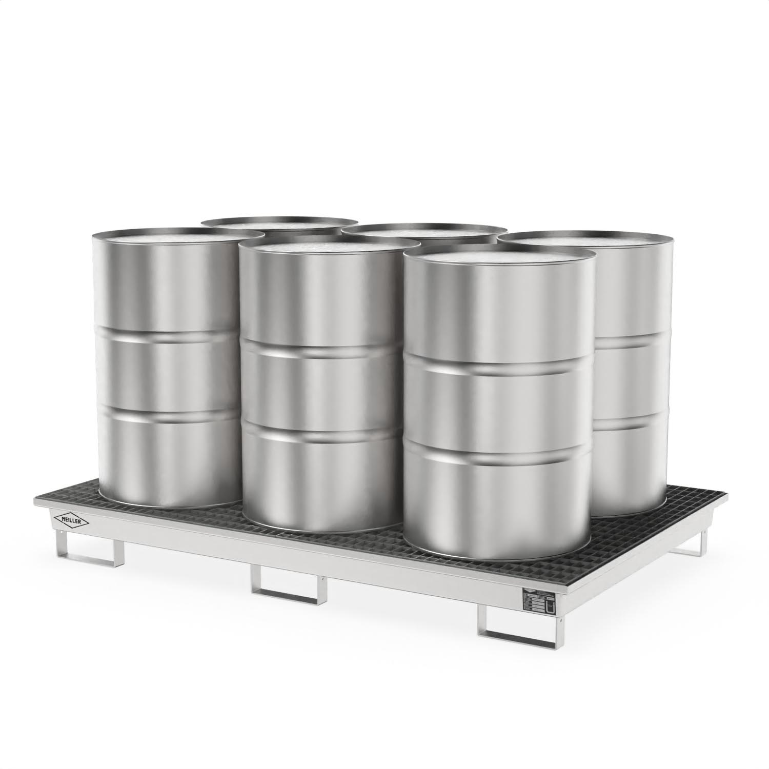 Auffangwanne aus Edelstahl für 6 x 200 l Fässer, Auffangvolumen 201 l, stapelbar, 2000x1300x200mm Auffangwannen aus Edelstahl Produktbild Auffangwanne aus Edelstahl für 6 x 200 l Fässer, Auffangvolumen 201 l, stapelbar, 2000x1300x200mm