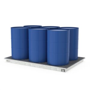 Paletten-Auffangwanne aus Stahl für 6 x 200 l Fässer, mit Gitterrost, verzinkt, 2010x1300x120mm