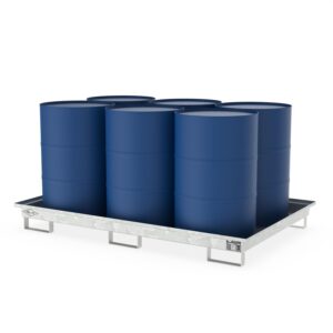 Auffangwanne aus Stahl für 6 x 200 l Fässer, ohne Gitterrost, unterfahrbar, verzinkt, 2010x1300x220mm