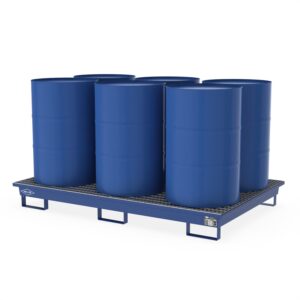 Auffangwanne aus Stahl für 6 x 200 l Fässer, mit Gitterrost, unterfahrbar, lackiert, 2010x1300x220mm