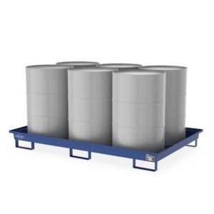Auffangwanne aus Stahl für 6 x 200 l Fässer, ohne Gitterrost, unterfahrbar, lackiert, 2010x1300x220mm