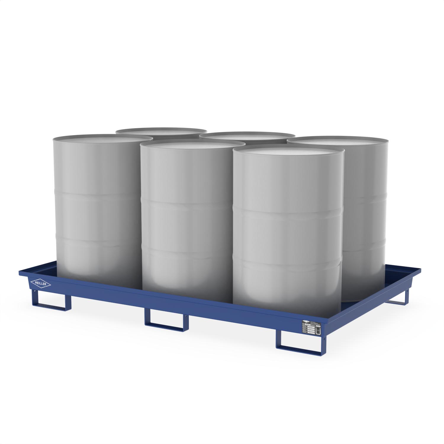 Auffangwanne aus Stahl für 6 x 200 l Fässer, ohne Gitterrost, unterfahrbar, lackiert, 2010x1300x220mm