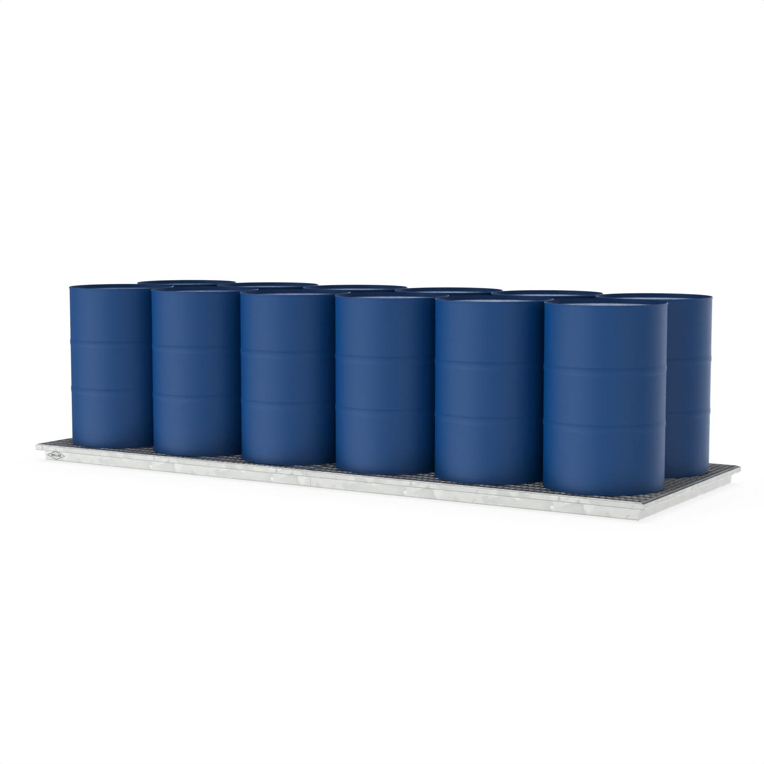 Paletten-Auffangwanne aus Stahl für 12 x 200 l Fässer, mit Gitterrost, verzinkt, 3680x1300x100mm