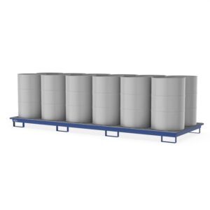Auffangwanne aus Stahl für 12 x 200 l Fässer, mit Gitterrost, unterfahrbar, lackiert, 3680x1300x190mm