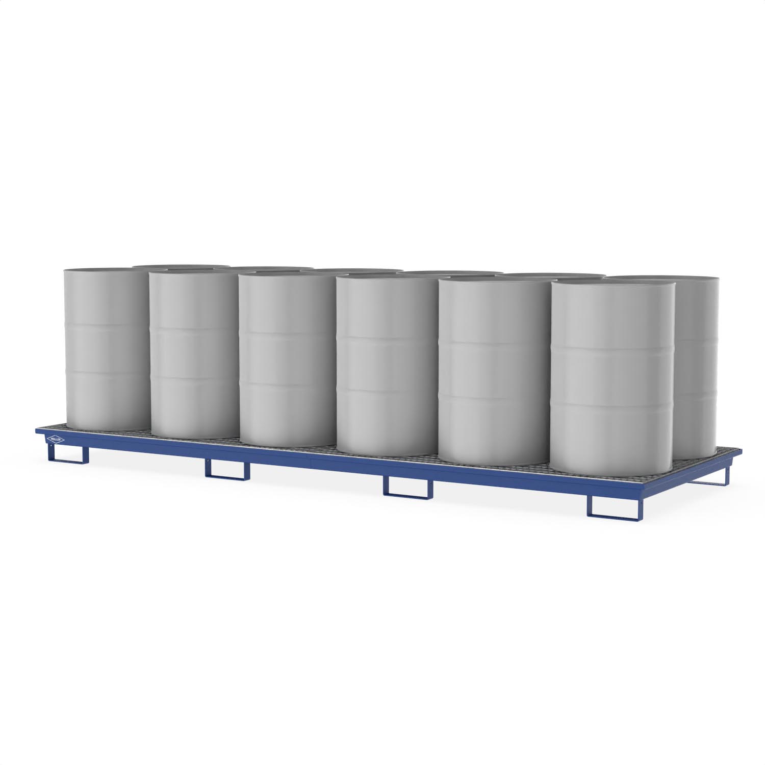 Auffangwanne aus Stahl für 12 x 200 l Fässer, mit Gitterrost, unterfahrbar, lackiert, 3680x1300x190mm