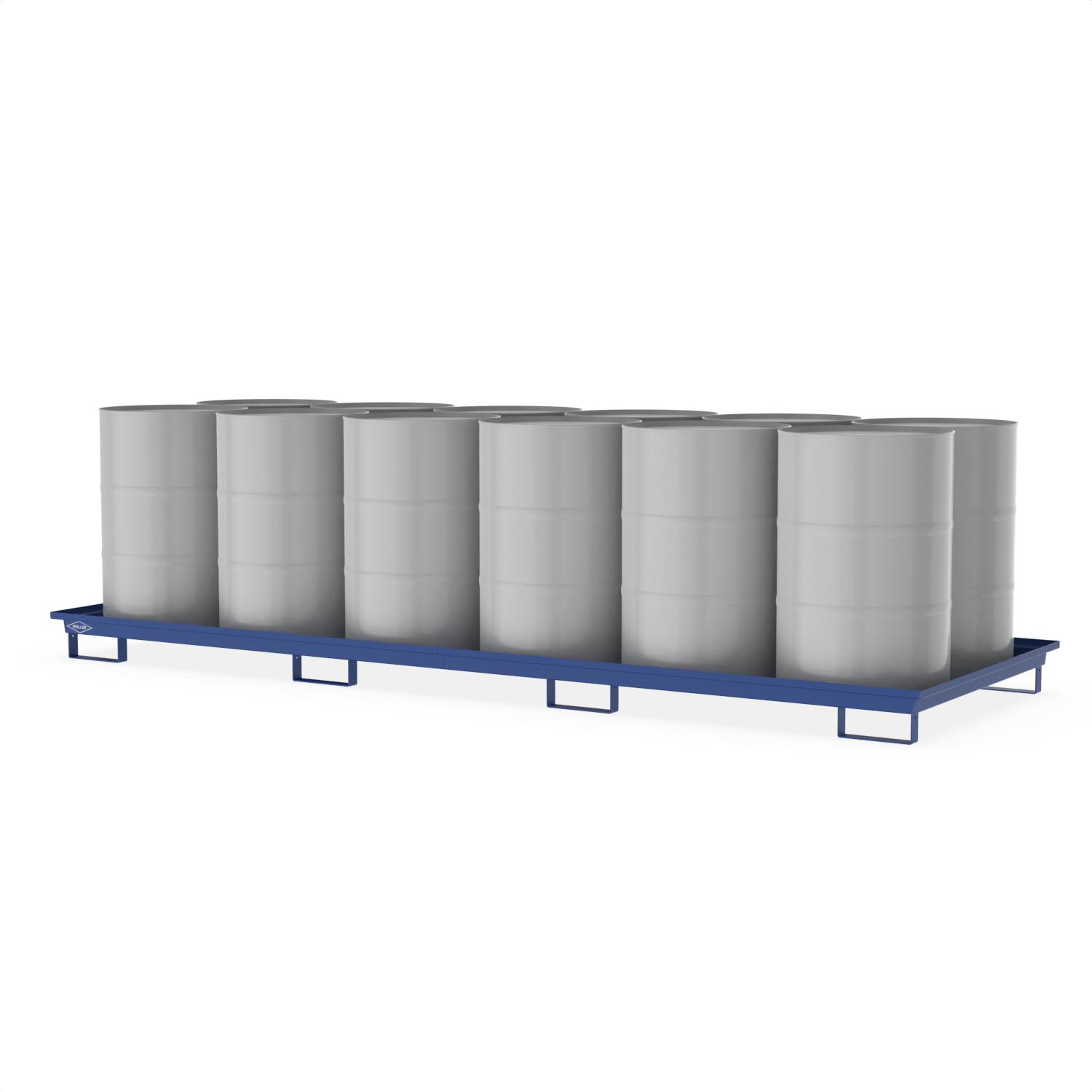 Auffangwanne aus Stahl für 12 x 200 l Fässer, ohne Gitterrost, unterfahrbar, lackiert, 3680x1300x190mm