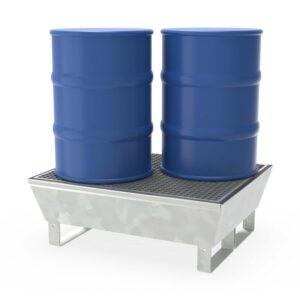 Auffangwanne aus Stahl für 2 x 60 l Fässer, mit Gitterrost, unterfahrbar, verzinkt