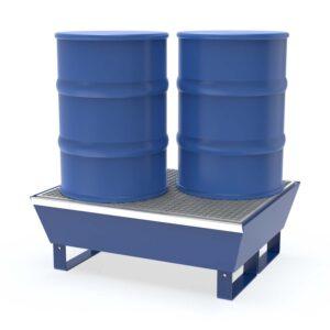 Auffangwanne aus Stahl für 2 x 60 l Fässer, mit Gitterrost, unterfahrbar, lackiert