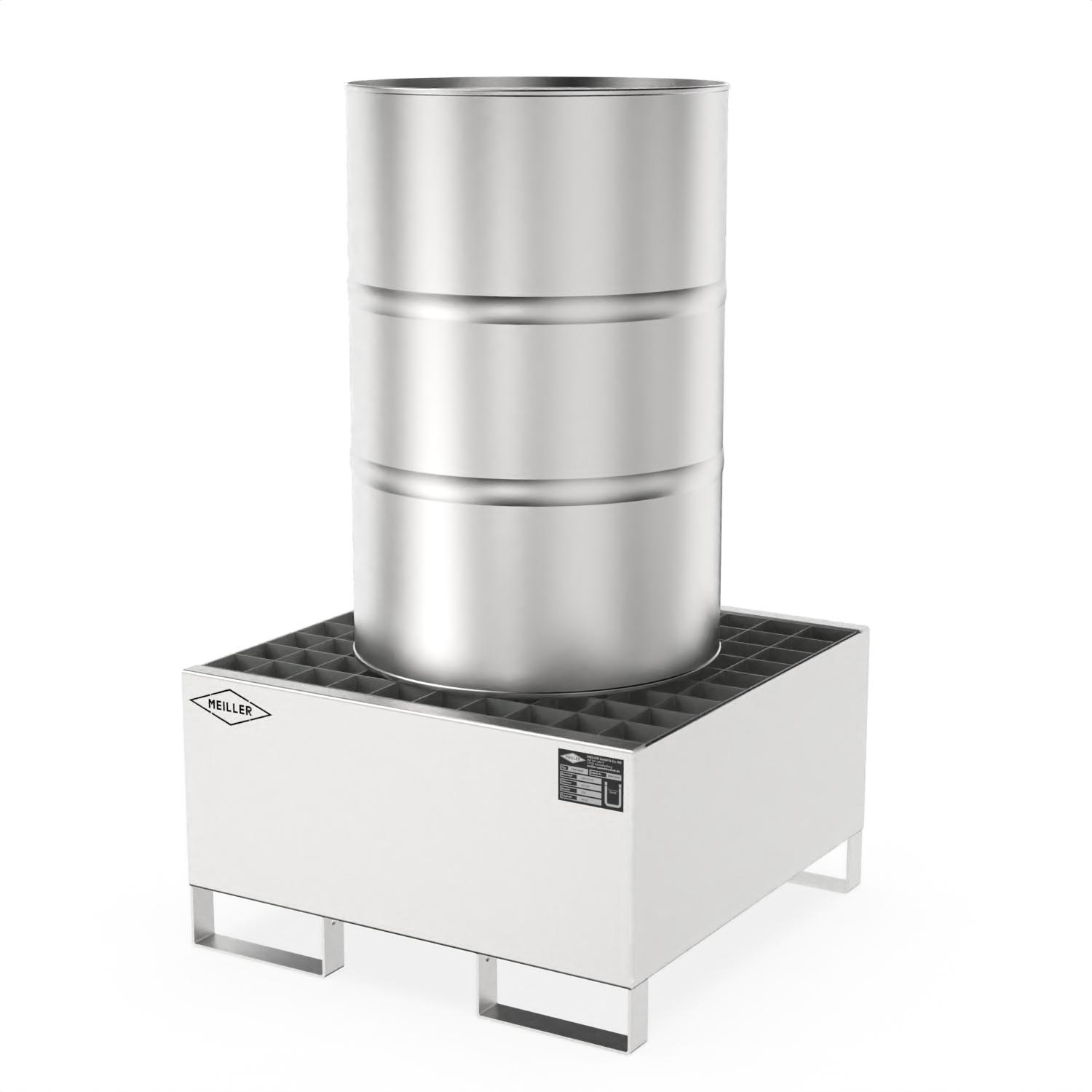 Auffangwanne aus Edelstahl für 1 x 200 l Fass, Auffangvolumen 200 l, 800x800x460mm