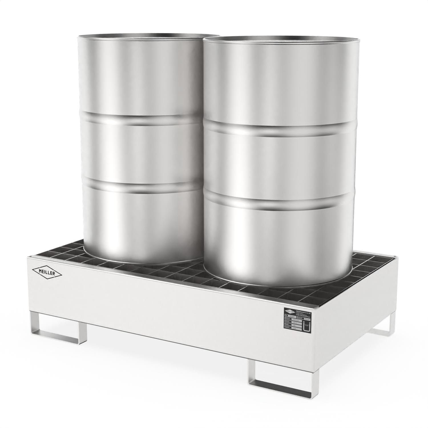 Auffangwanne aus Edelstahl für 2 x 200 l Fässer, Auffangvolumen 204 l, 1300x800x335mm