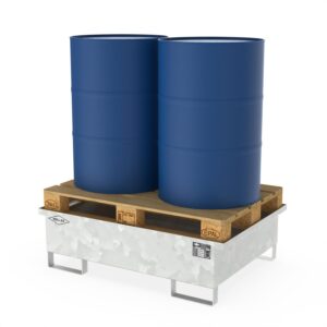 Regalset für Gefahrstoffstationen aus PE zur Lagerung von Kleingebinden und Kanistern, 2 Gitterrostebenen Gefahrstoffdepots aus PE Produktbild Auffangwanne aus Stahl für 2 x 200 l Fässer zur Direktlagerung mit Palette, ohne Gitterrost, unterfahrbar, verzinkt, 1230x850x360mm