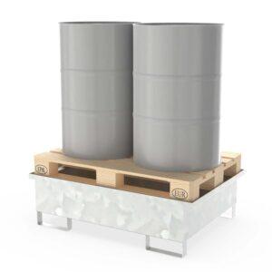 Auffangwanne aus Stahl für 2 x 200 l Fässer zur Direktlagerung mit Palette, ohne Gitterrost, unterfahrbar, verzinkt, 1230x850x360mm