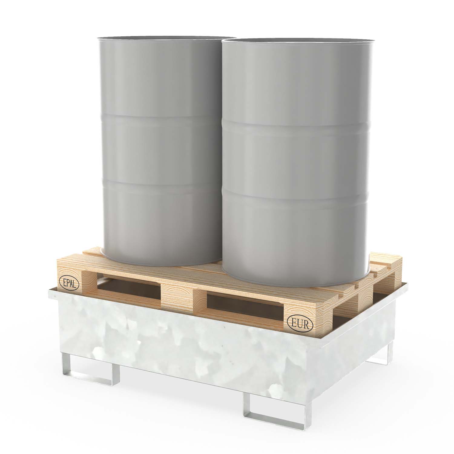 Auffangwanne aus Stahl für 2 x 200 l Fässer zur Direktlagerung mit Palette, ohne Gitterrost, unterfahrbar, verzinkt, 1230x850x360mm