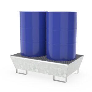 Auffangwanne aus Stahl für 2 x 200 l Fässer, mit Gitterrost, unterfahrbar, verzinkt