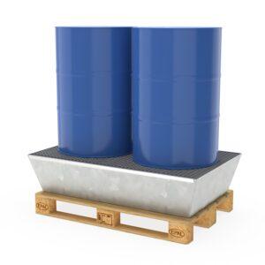 Auffangwanne aus Stahl für 2 x 200 l Fässer, mit Gitterrost, verzinkt