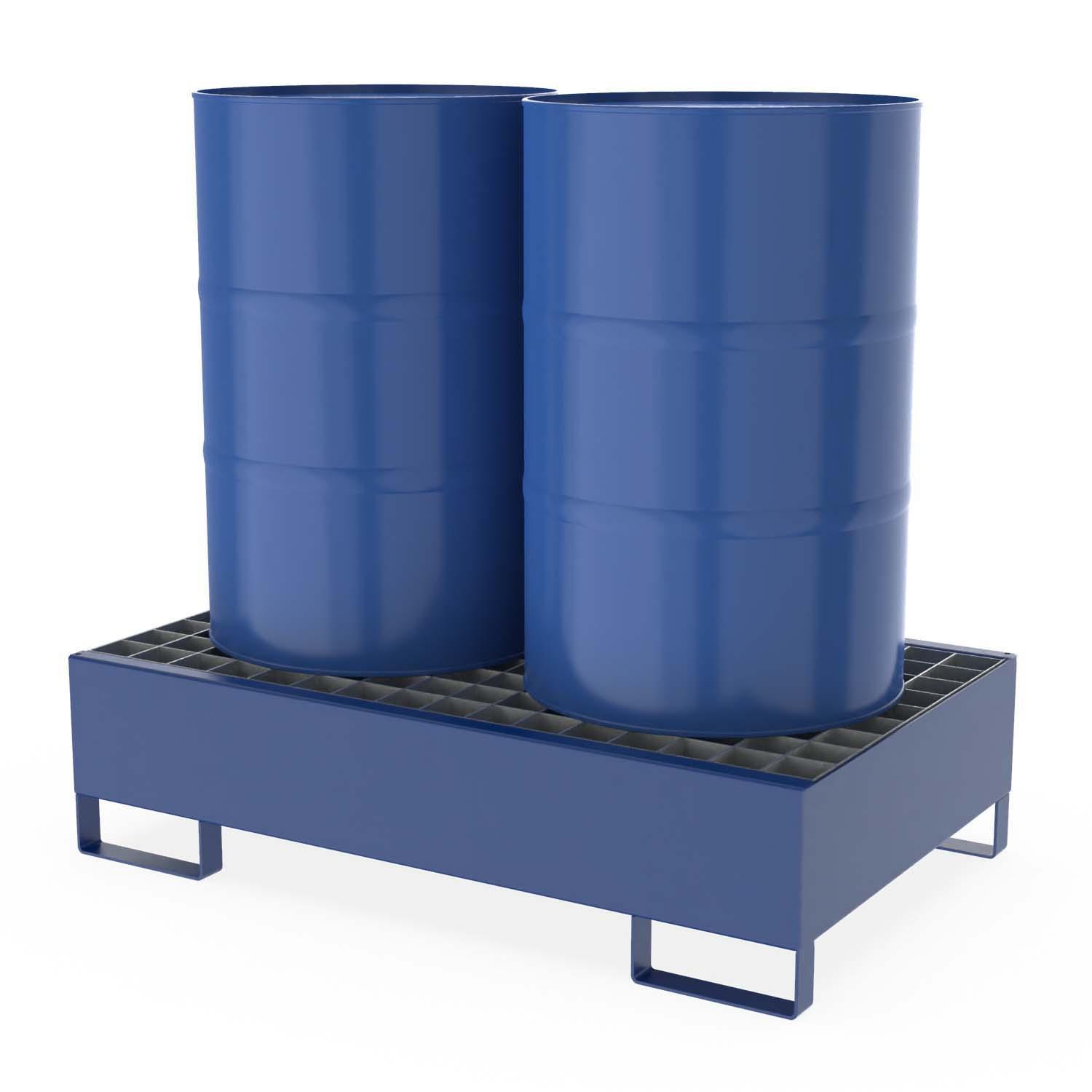 Auffangwanne aus Stahl für 2 x 200 l Fässer, mit Gitterrost, unterfahrbar