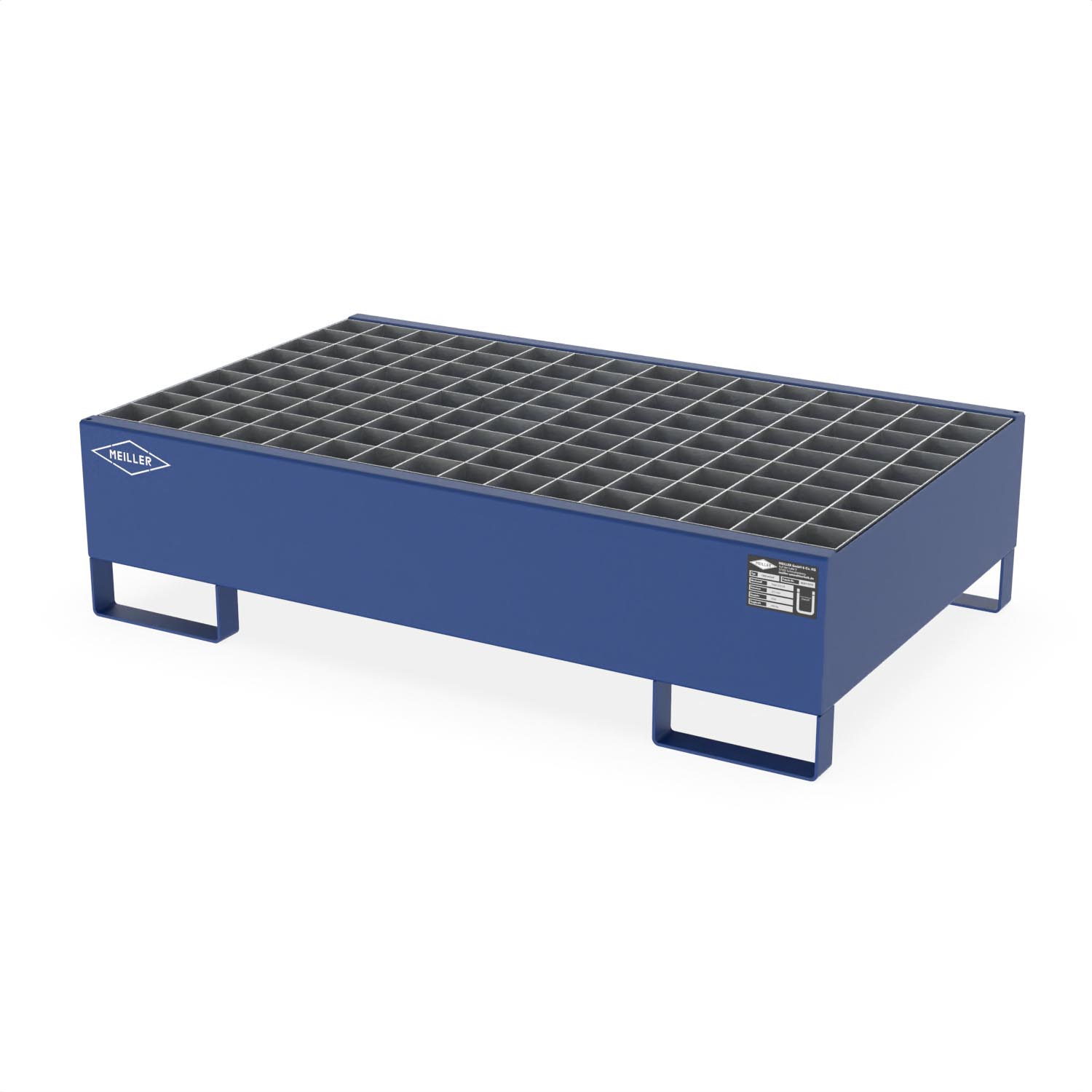 Auffangwanne aus Stahl für 2 x 200 l Fässer, mit Gitterrost, unterfahrbar, 1300x800x335mm