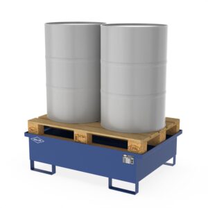 Auffangwanne aus Stahl für 2 x 200 l Fässer zur Direktlagerung mit Palette, ohne Gitterrost, unterfahrbar, lackiert, 1230x850x360mm