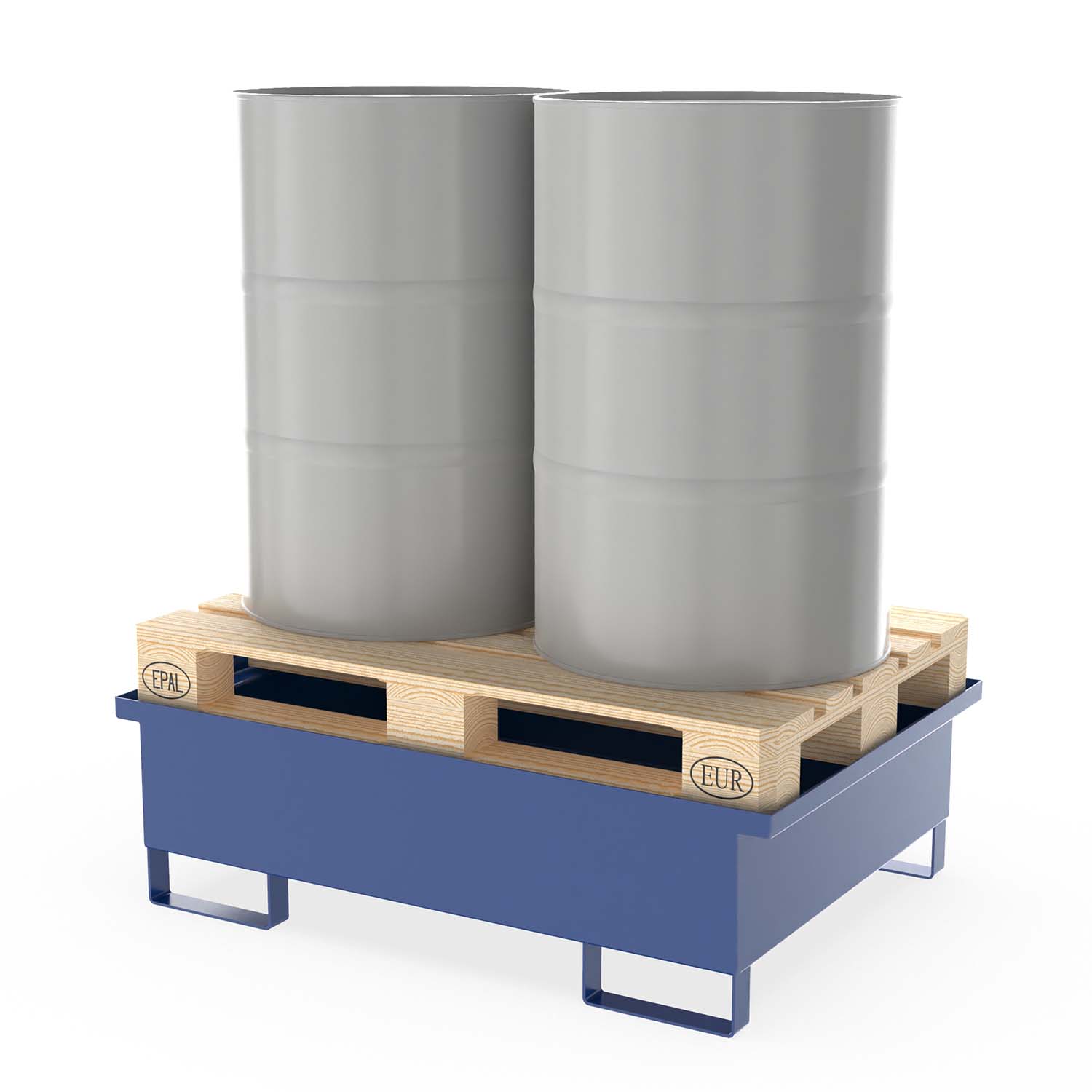 Auffangwanne aus Stahl für 2 x 200 l Fässer zur Direktlagerung mit Palette, ohne Gitterrost, unterfahrbar, lackiert, 1230x850x360mm