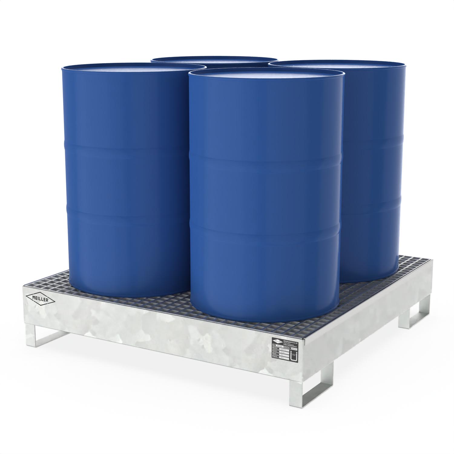 Auffangwanne aus Stahl für 4 x 200 l Fässer, mit Gitterrost, unterfahrbar, 1300x1300x260mm Auffangwannen aus Stahl Produktbild Auffangwanne aus Stahl für 4 x 200 l Fässer, mit Gitterrost, unterfahrbar, 1300x1300x260mm