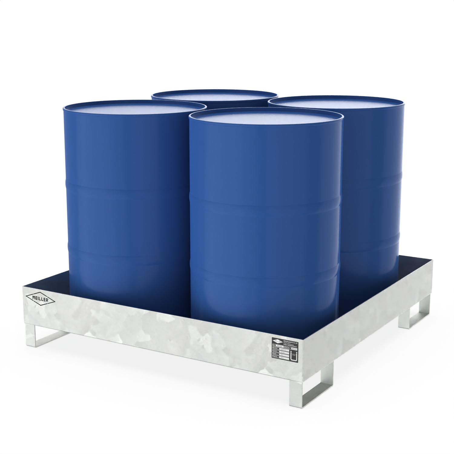Auffangwanne aus Stahl für 4 x 200 l Fässer, ohne Gitterrost, unterfahrbar, 1300x1300x260mm