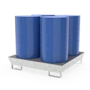 Auffangwanne aus Stahl für 4 x 200 l Fässer, mit Gitterrost, unterfahrbar, verzinkt