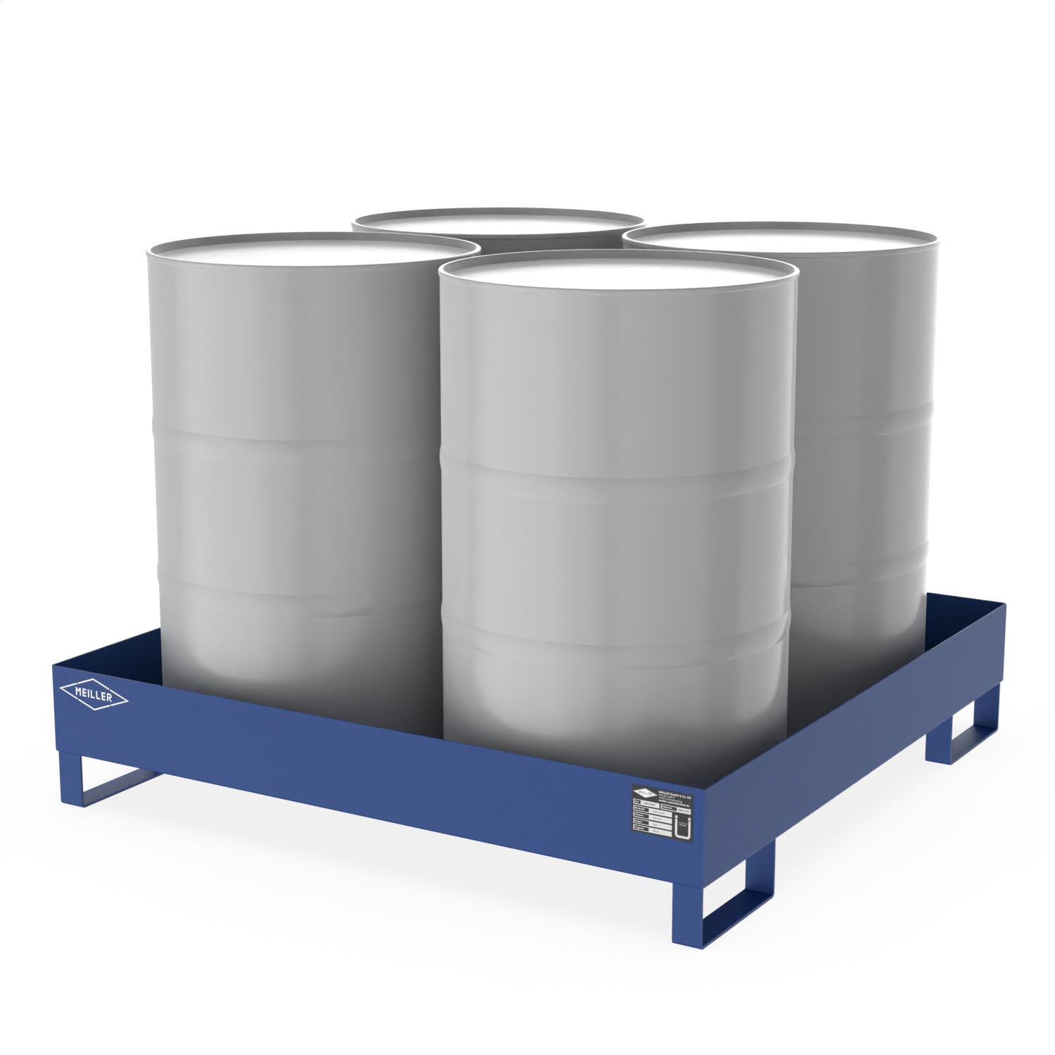 Auffangwanne aus Stahl für 4 x 200 l Fässer, ohne Gitterrost, unterfahrbar, 1300x1300x260mm