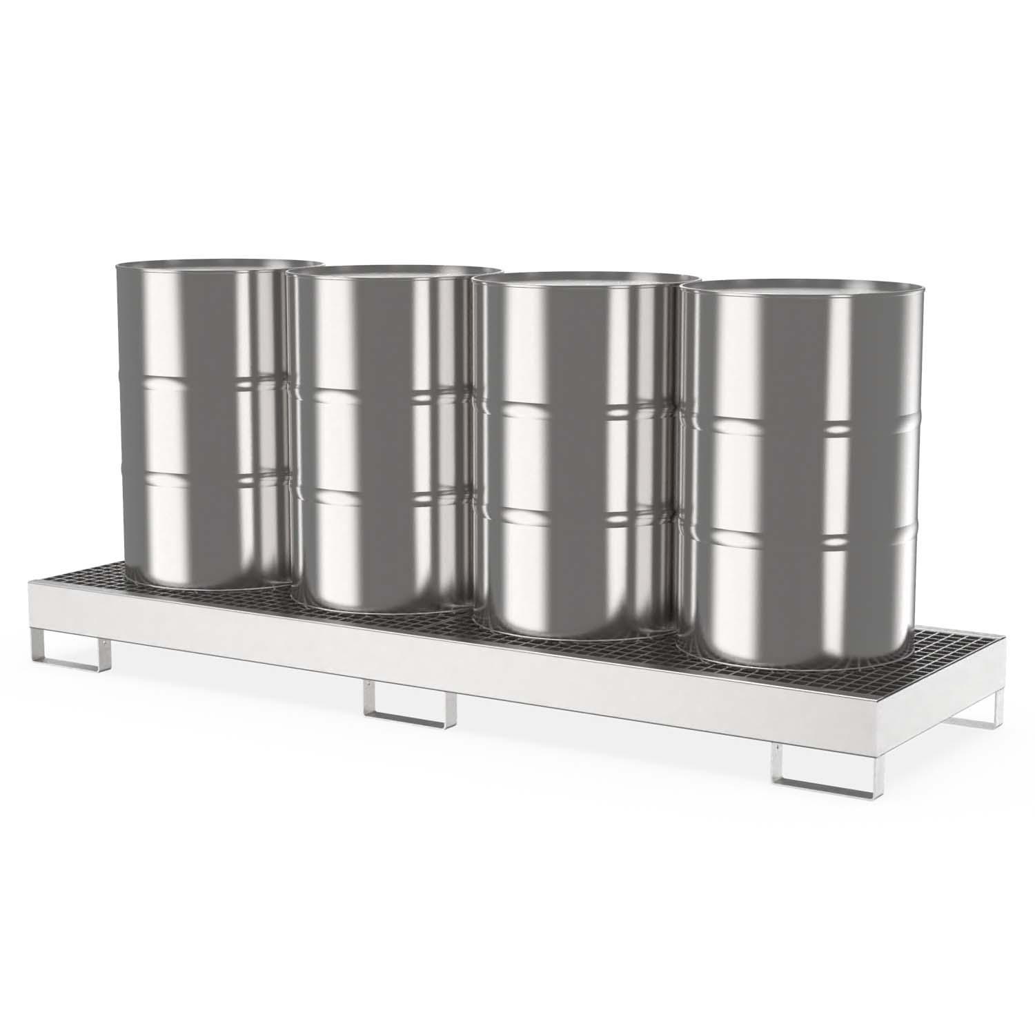 Auffangwanne aus Edelstahl für 4 x 200 l Fässer, lang, Auffangvolumen 207 l