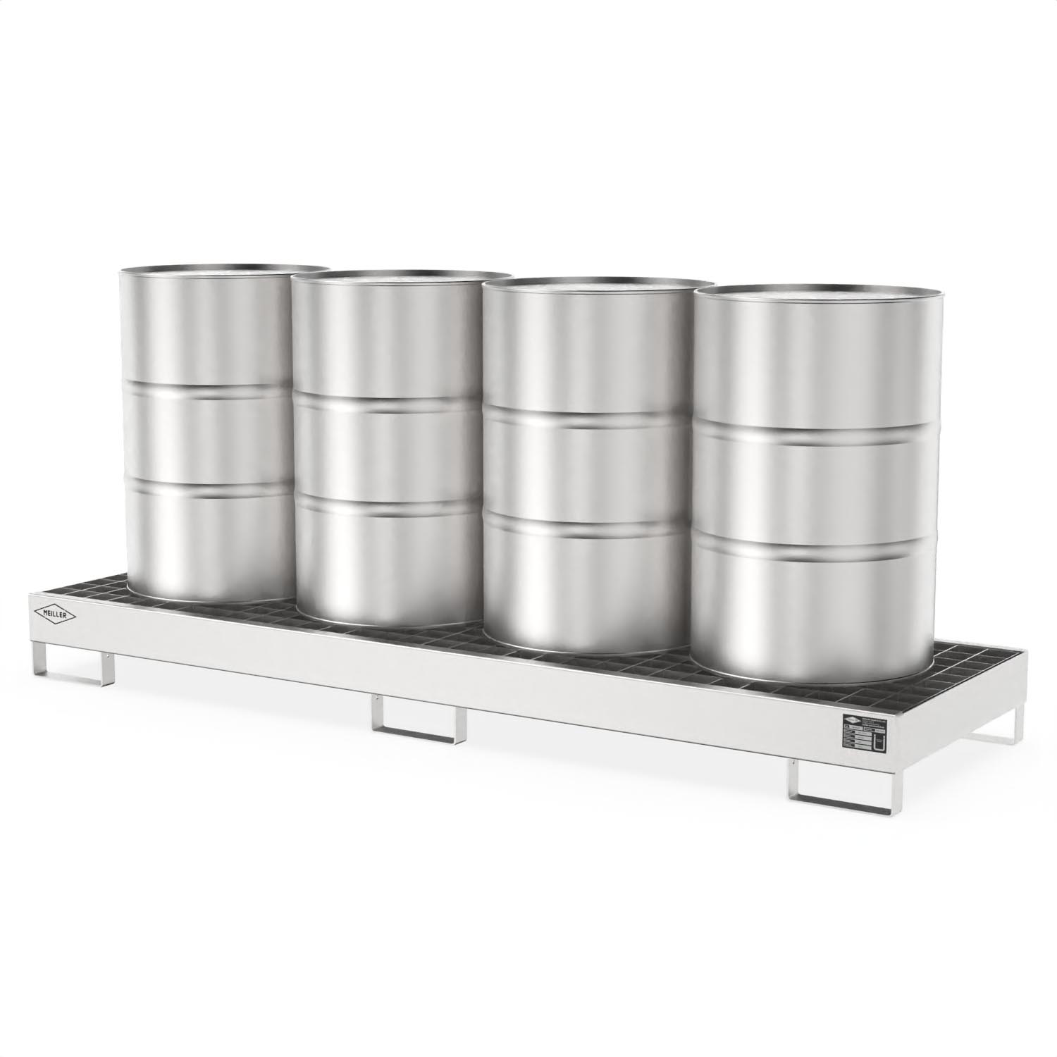 Auffangwanne aus Edelstahl für 4 x 200 l Fässer, lang, Auffangvolumen 207 l, 2590x800x235mm