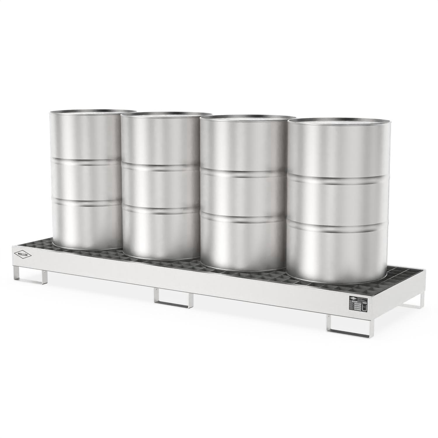 Auffangwanne aus Edelstahl für 4 x 200 l Fässer, lang, Auffangvolumen 207 l, 2590x800x235mm