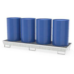 Fassheber für 200 l Fass mit Einfahrwerk, Hub 550 mm, Verriegelungsautomatik, Traglast 300 kg Fassheber Produktbild Auffangwanne aus Stahl für 4 x 200 l Fässer, mit Gitterrost, unterfahrbar, lang, verzinkt