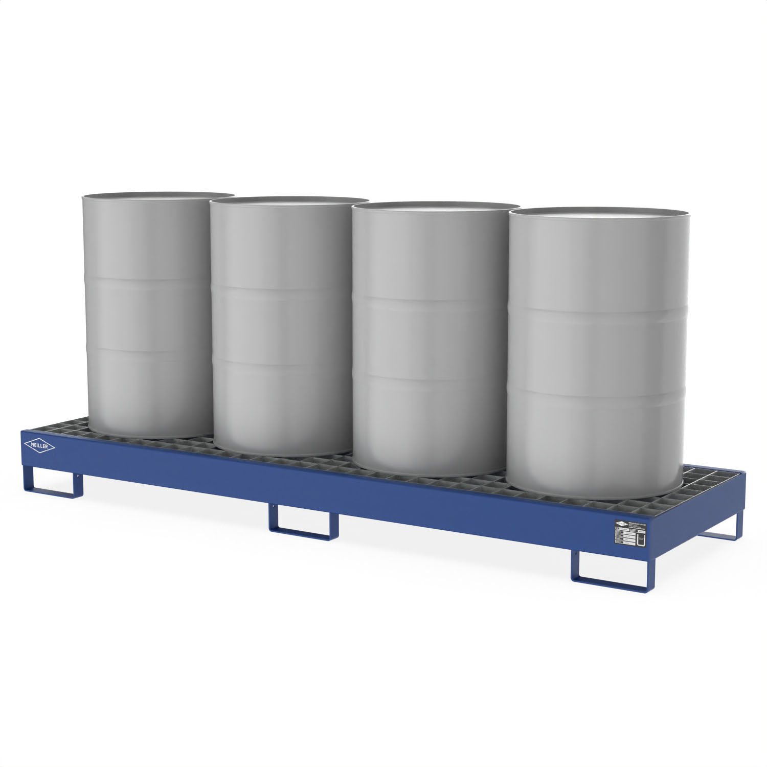 Auffangwanne aus Stahl für 4 x 200 l Fässer lang, mit Gitterrost, unterfahrbar, 2590x800x235mm