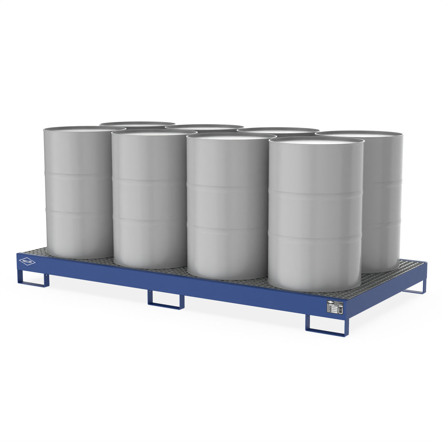 Auffangwanne aus Stahl für 8 x 200 l Fässer, mit Gitterrost, unterfahrbar, 2590x1300x220mm Auffangwannen aus Stahl Produktbild Auffangwanne aus Stahl für 8 x 200 l Fässer, mit Gitterrost, unterfahrbar, 2590x1300x220mm