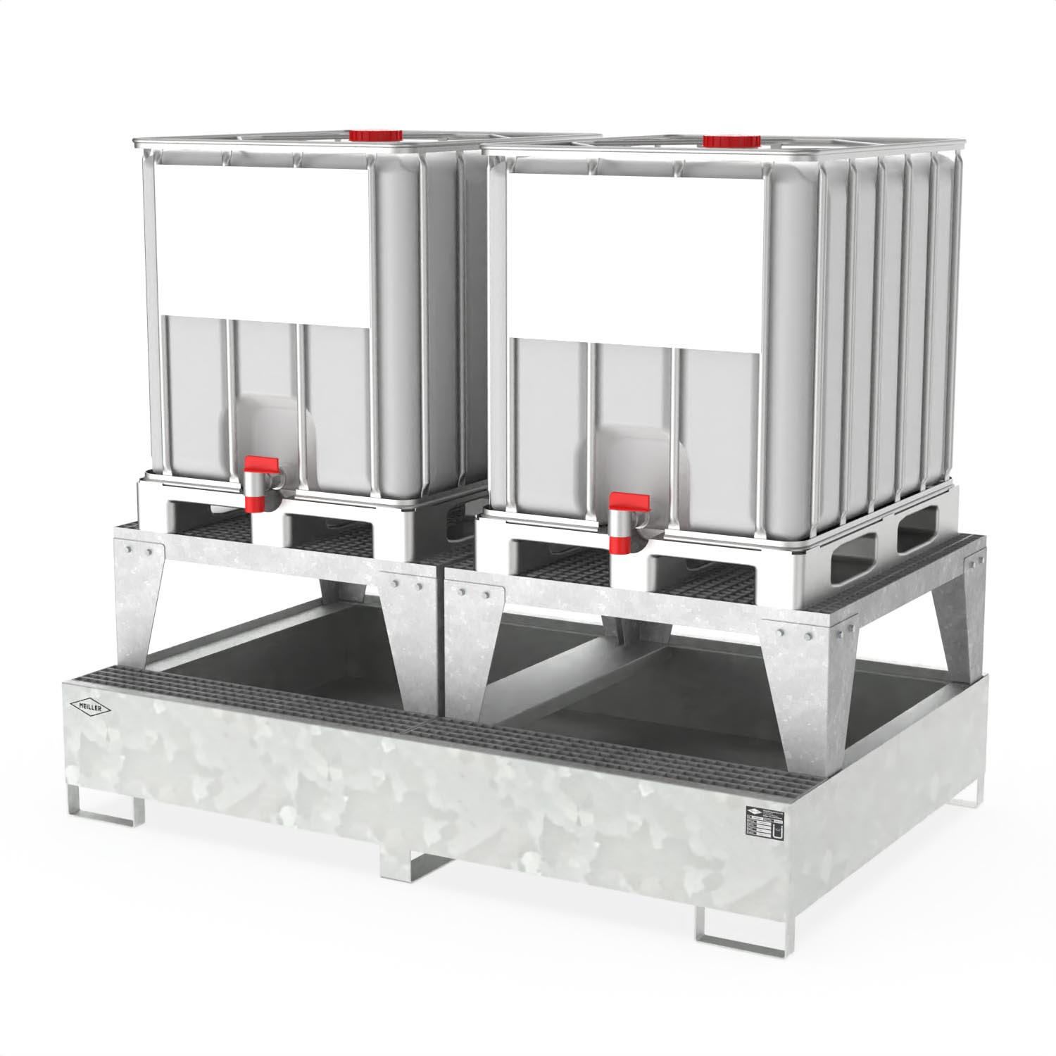 Abfüllstation Auffangwanne aus Stahl für 2 IBC, mit Abfüllpodest und Gitterrost, 2380x1500x875mm