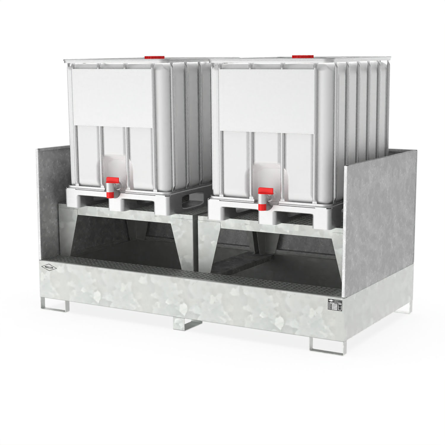 Auffangwanne aus Stahl für 2 IBCs, mit Abfüllpodest, Gitterrost und Spritzschutz, 2680x1400x1310mm