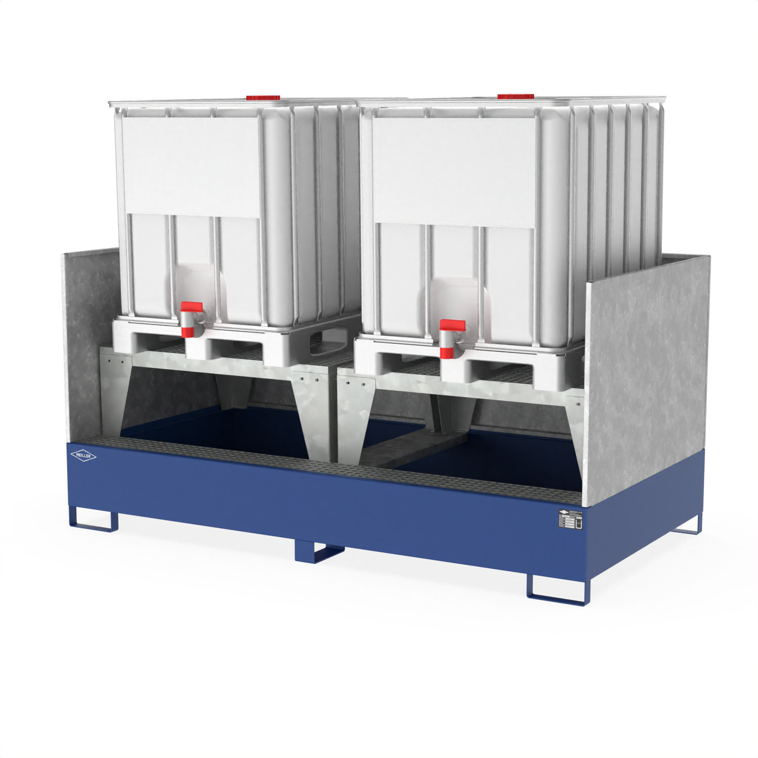 Auffangwanne aus Stahl für 2 IBCs, mit Abfüllpodest, Gitterrost und Spritzschutz, 2680x1400x1310mm