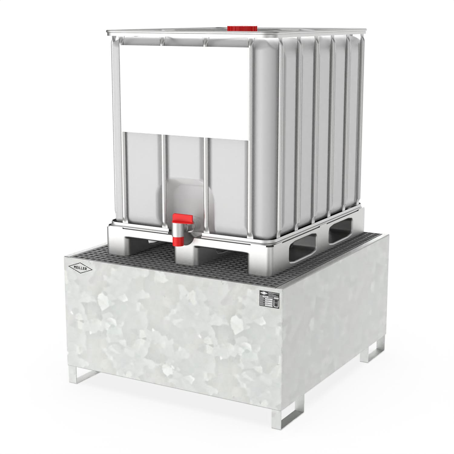 Auffangwanne aus Stahl für 1 IBC mit Gitterrost, Auffangvolumen 1000 l, 1300x1370x710mm