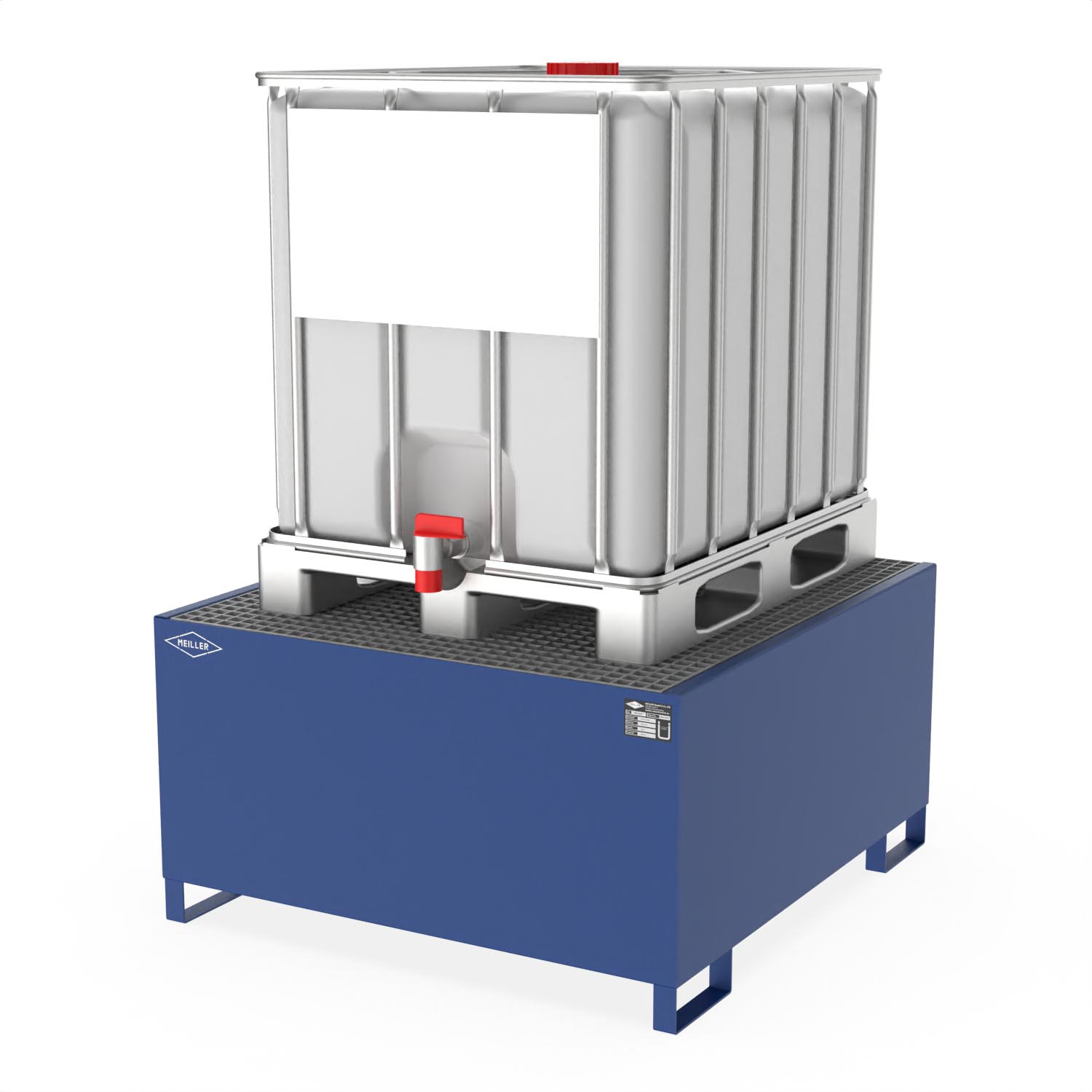 Auffangwanne aus Stahl für 1 IBC mit Gitterrost, Auffangvolumen 1000 l, 1300x1370x710mm