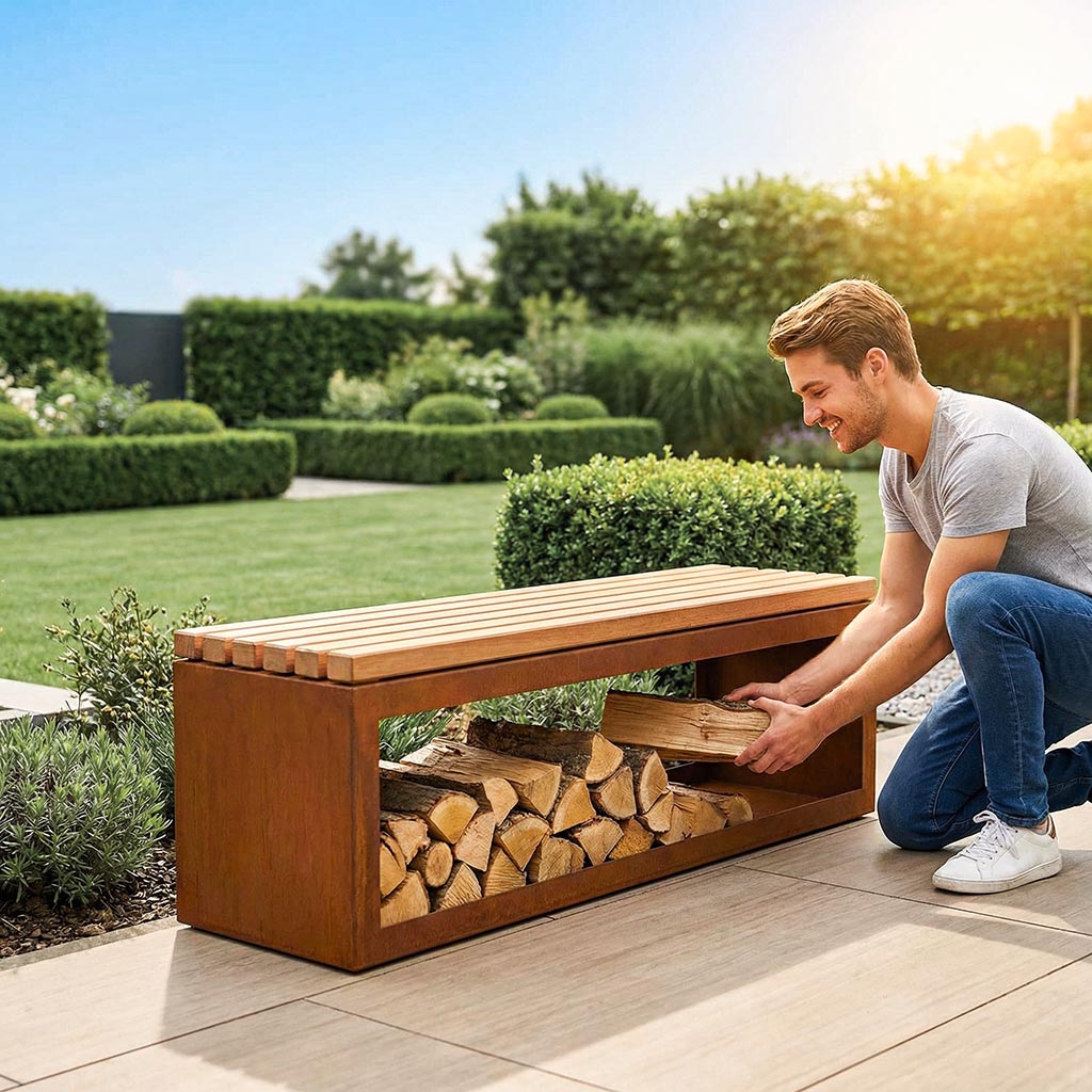 Gartenbank FlameShelter Cortenstahl mit integrierter Holzablage von MEILLER