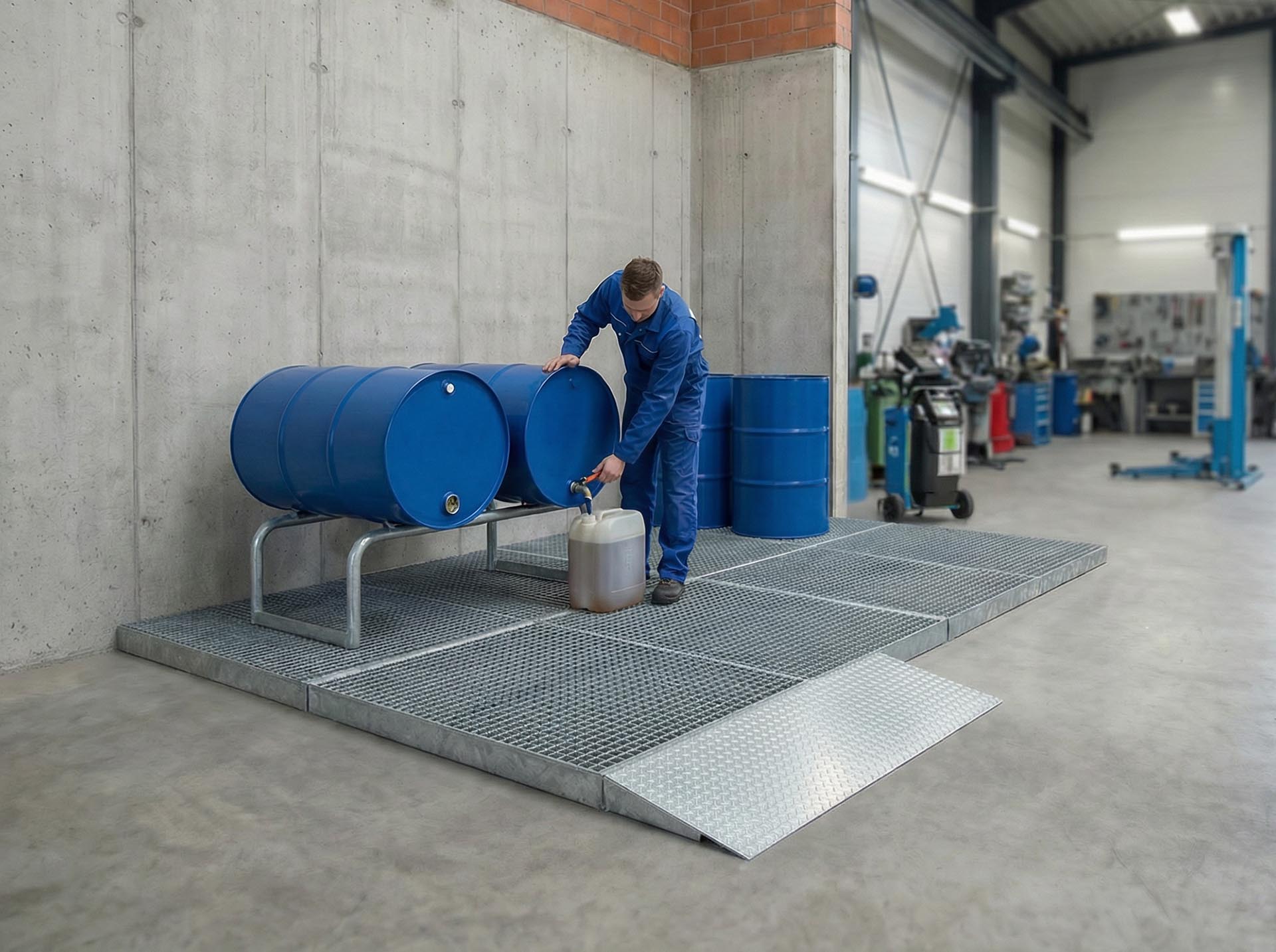 Flächenschutzmodule und Bodenauffangwannen sind praxiserprobte Lösungen für die Gefahrstofflagerung und das -handling