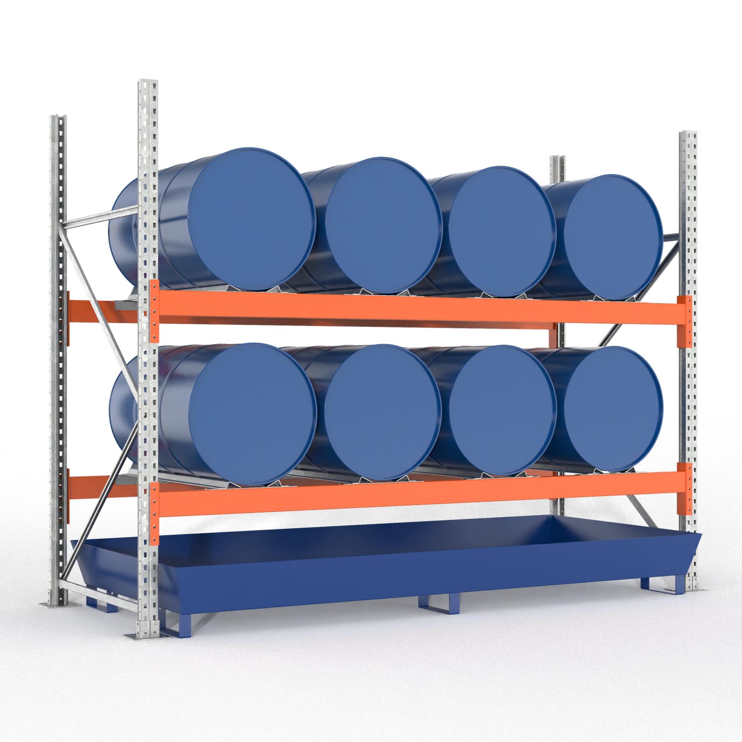 Palettenregal Typ 2051 mit Auffangwanne aus Stahl, Grundeinheit für 8 Fässer