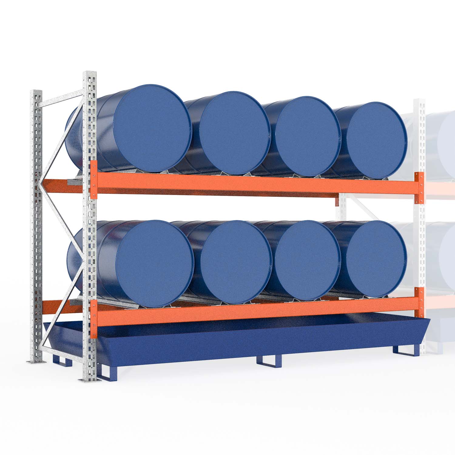 Palettenregal Typ 2051 mit Auffangwanne aus Stahl, Anbaueinheit für 8 Fässer Palettenregale mit Auffangwanne aus Stahl Produktbild Palettenregal Typ 2051 mit Auffangwanne aus Stahl, Anbaueinheit für 8 Fässer