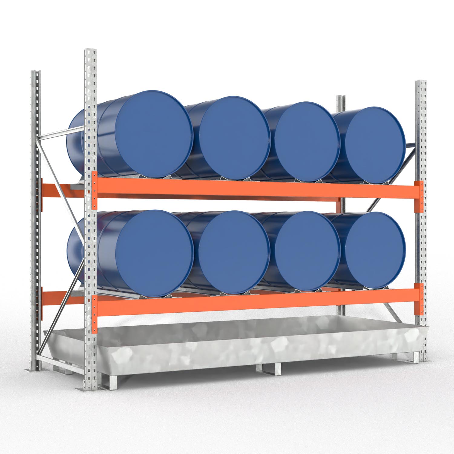 Palettenregal Typ 2051 mit Auffangwanne aus Stahl, Grundeinheit für 8 Fässer
