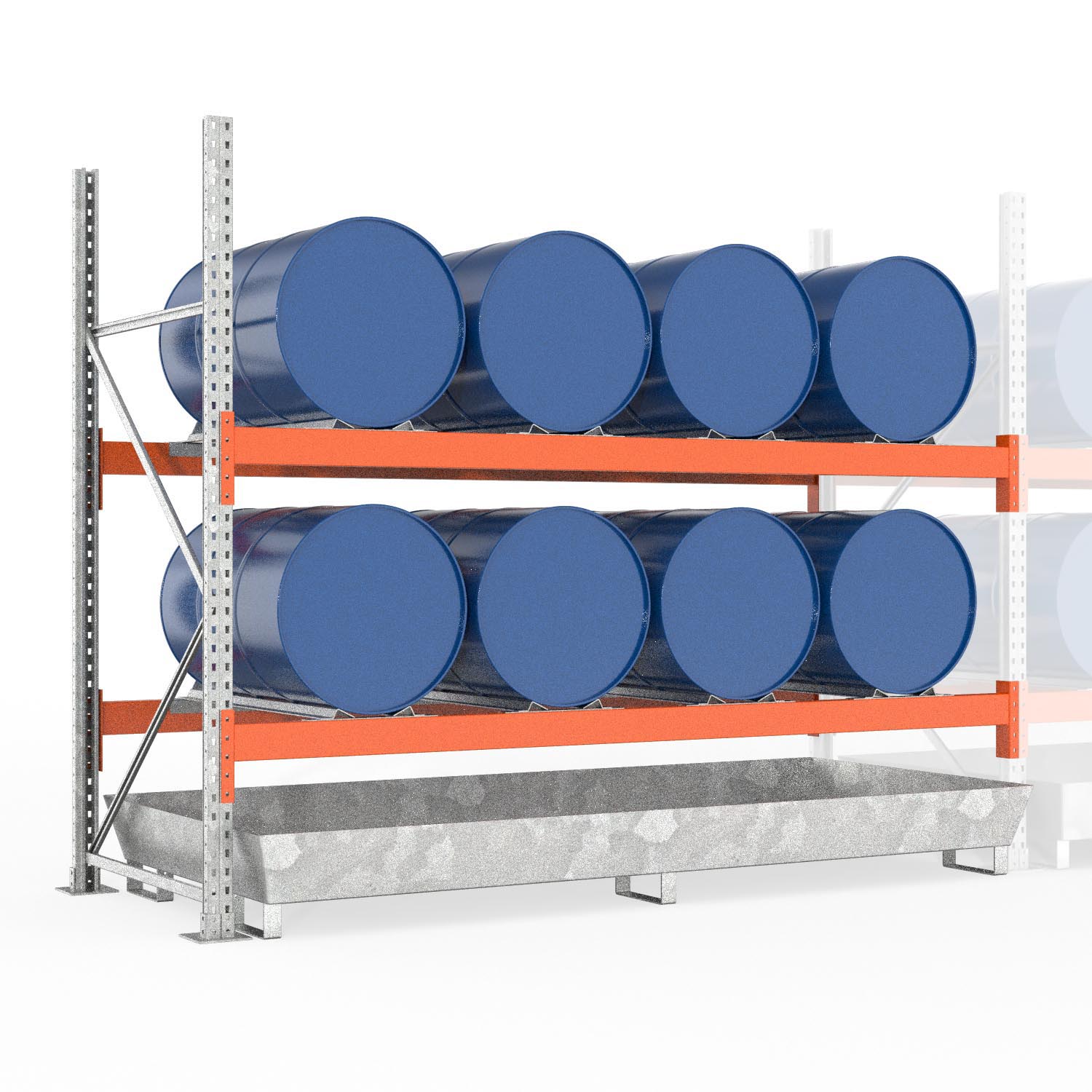 Palettenregal Typ 2051 mit Auffangwanne aus Stahl, Anbaueinheit für 8 Fässer
